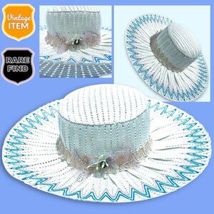 Vintage Women Nylon Lace Dress Pink, Blue, and White Bolero Boho Sun Hat. RARE!